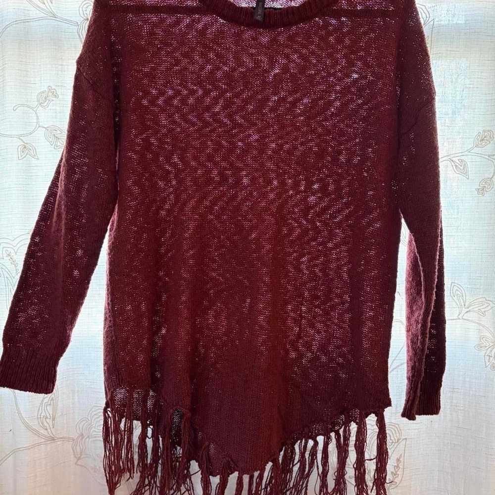 Massini Fringe Sweater, Open Weave Pullover with Tassel Hem Size Megium